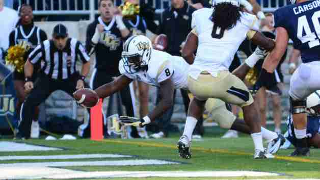 Storm Johnson (No.8) rushed for 117 yards in the Knights 34-31 win over Penn State.