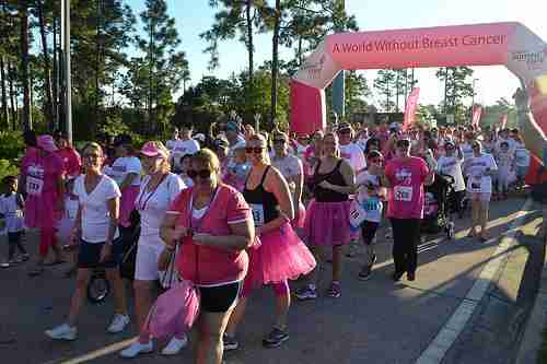 Participants marching as in effort to spread awareness of breast cancer. 