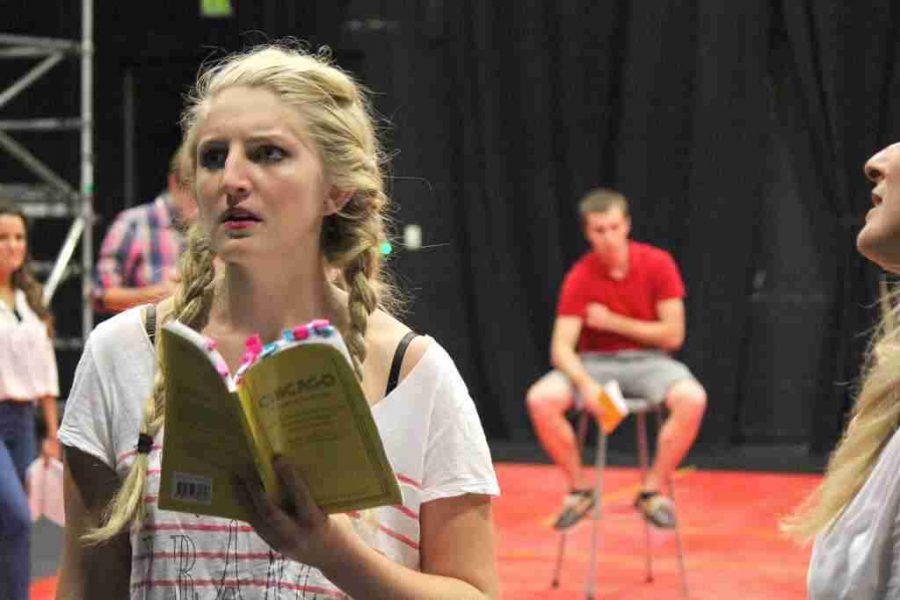 Rachel Rees, who plays Velma Kelly, going through her lines during rehearsal 
