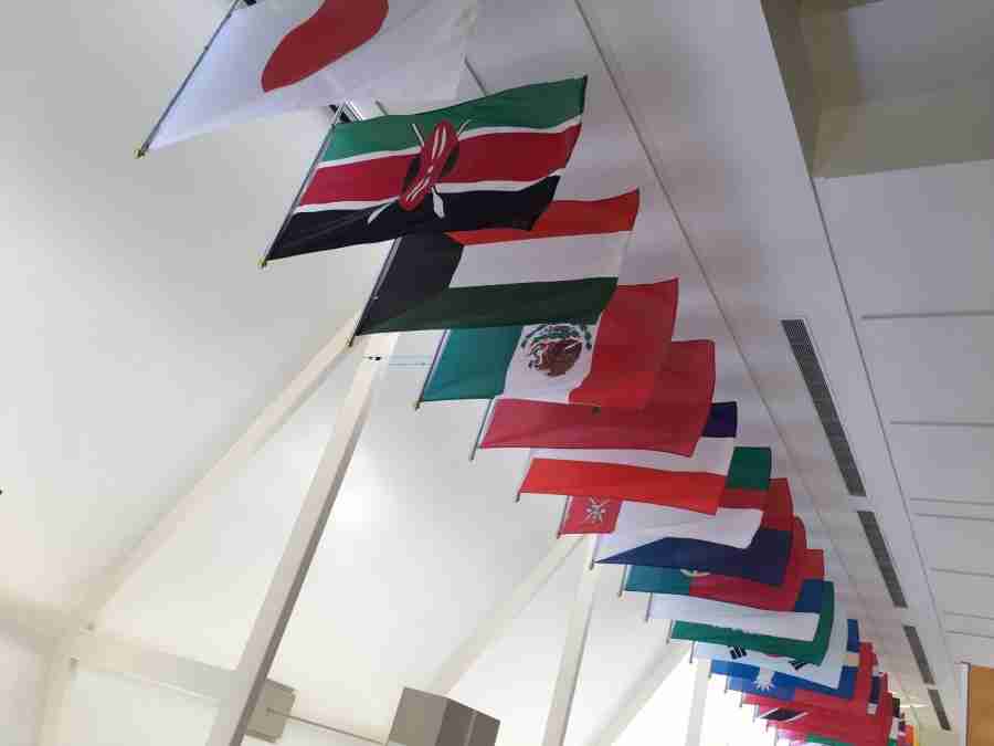 International flags displayed on East Campus Building 5