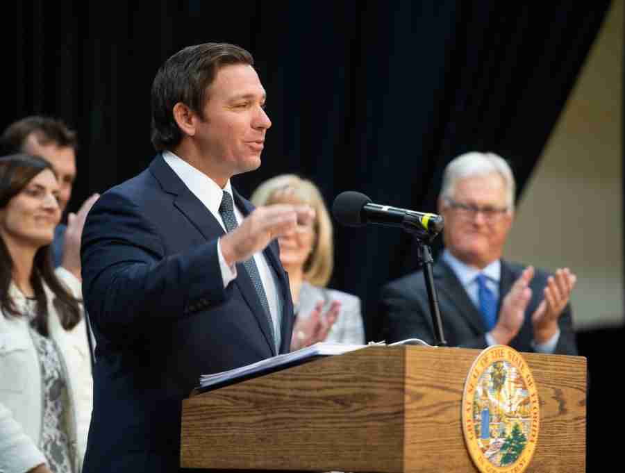 Florida Governor Ron DeSantis speaks at Valencia's East Campus in 2019.