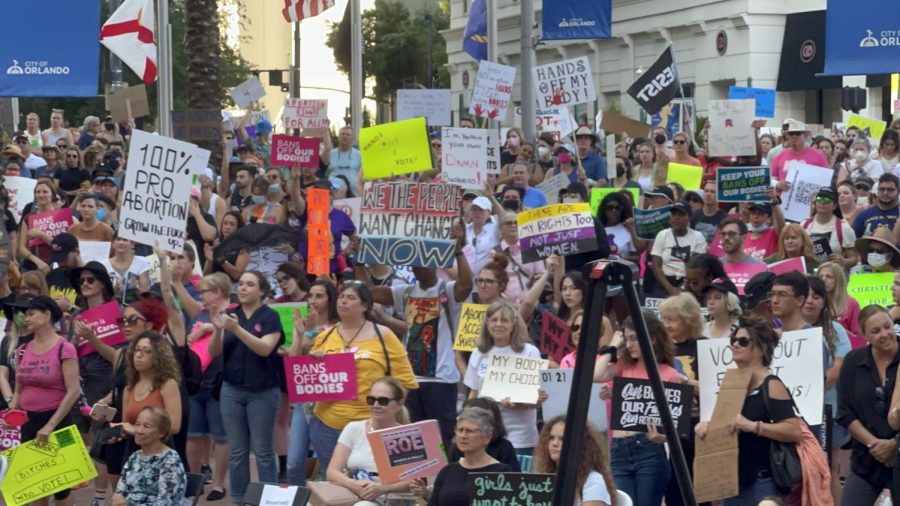 Protestors gather at the Orlando City Hall for the Bans off Our Bodies rally and march on May 14