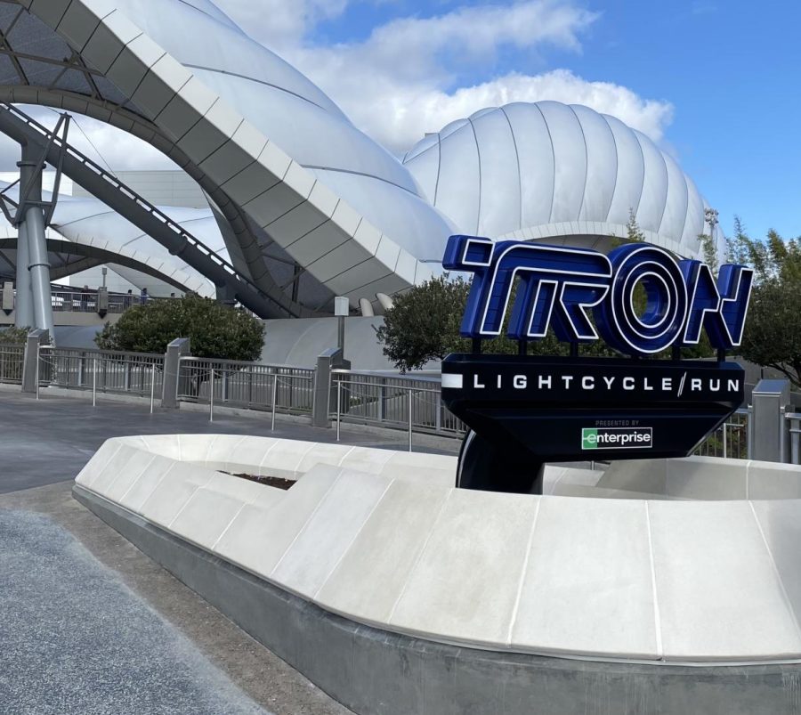 TRON Lightcycle / Run entrance sits to the left of Space Mountain in WDW Magic Kingdom’s Tomorrowland. Pictured is the canopy section and only outdoor portion of the ride.