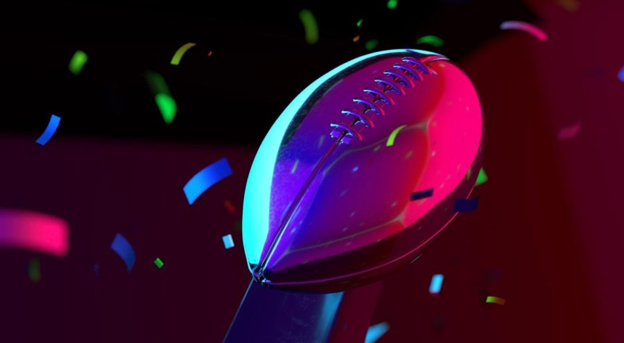 Football trophy graphic with confetti streamers on a gradient background. 