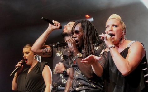 (Left to right: Elisa Curbelo, Renan Bonilla, Rodric King, Krislyn Rojas) Latin Ambition Band performing at Walt Disney Worlds EPCOTs Eat to the Beat. 