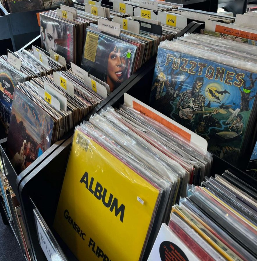 Records line the East West Record Store. Record Store Day is April 22 and will feature select pressed records for purchase across record stores and small businesses. 