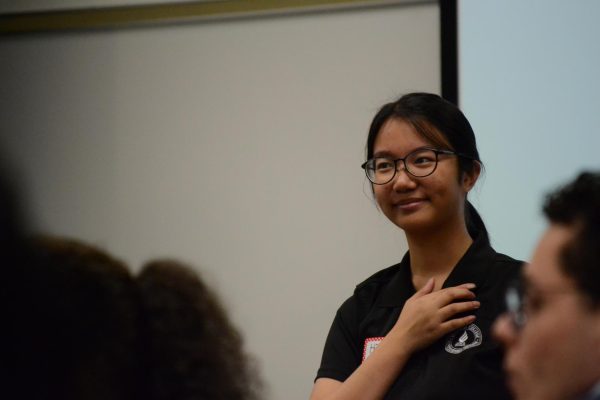 East Campus Senator Hilda Chan leads the first SGA meeting of the 2023-24 Fall semester.