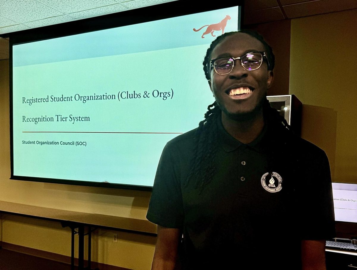 Campus Wide SGA VP Fritzson Louis presents the new 3-tier club funding and resources system at the Student Organization Council meeting on October 12. 