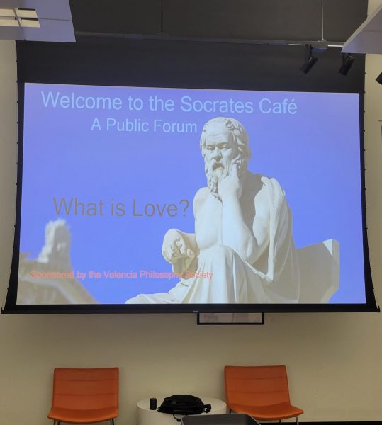 Photo of a projector screen with Socrates Cafe What Is Love? February topic. 