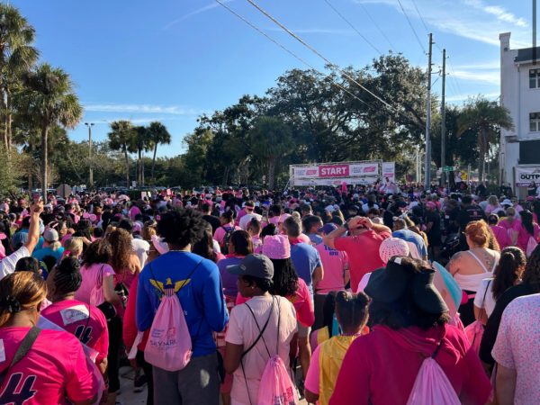 Participants gather at the starting line of the Making Strides Against Breast Cancer walk at Lake Eola Park. 