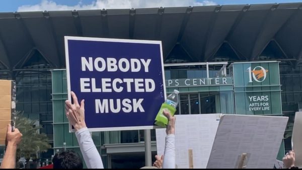 A protestor holds "Nobody Elected Musk" sign at the Orange Ave S. adjacent to City Hall on Saturday, April 5.