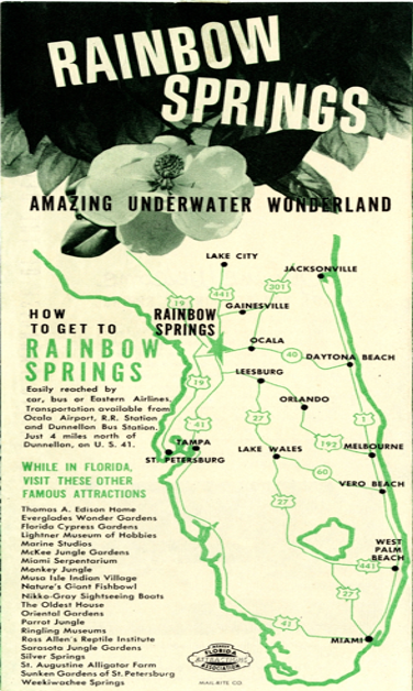 A 1954 brochure from Rainbow Springs promoted the park as an “Amazing Underwater Wonderland,” highlighting its location and nearby attractions. 